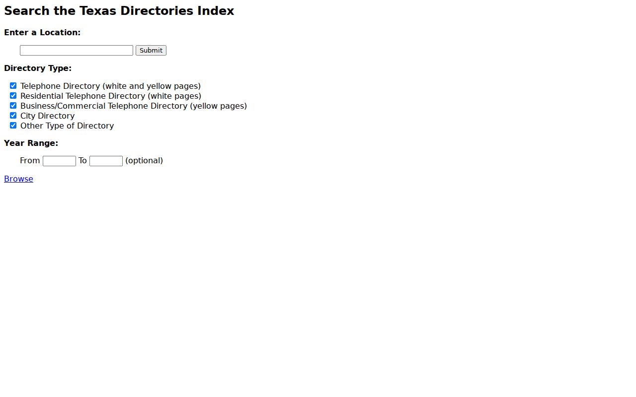Stephenville city directory location and year search form at UT Briscoe