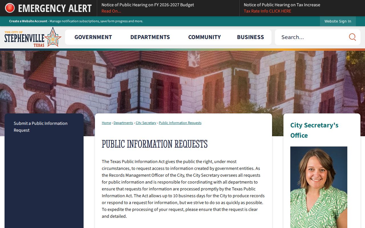 Stephenville residents directory City public-information request page