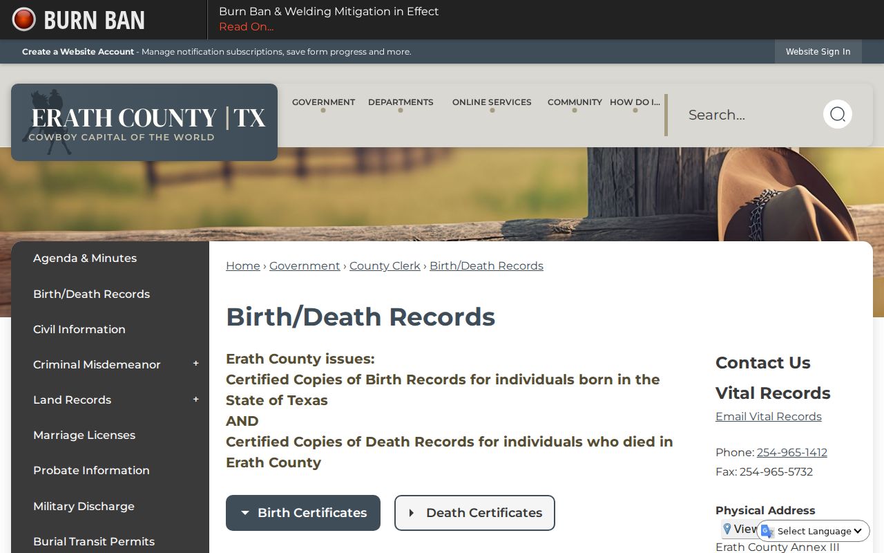 Stephenville residents directory Erath vital-record access page