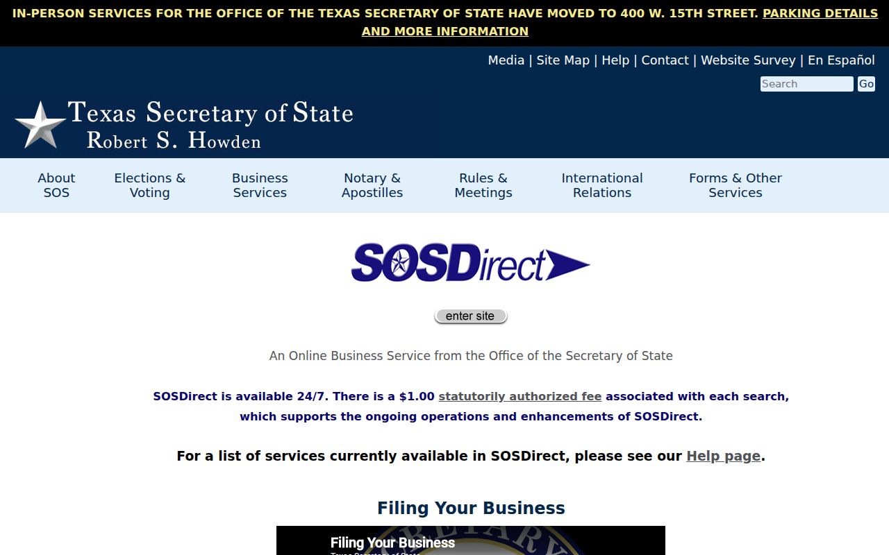 Stephenville resident lookup reference for the Texas SOSDirect business search