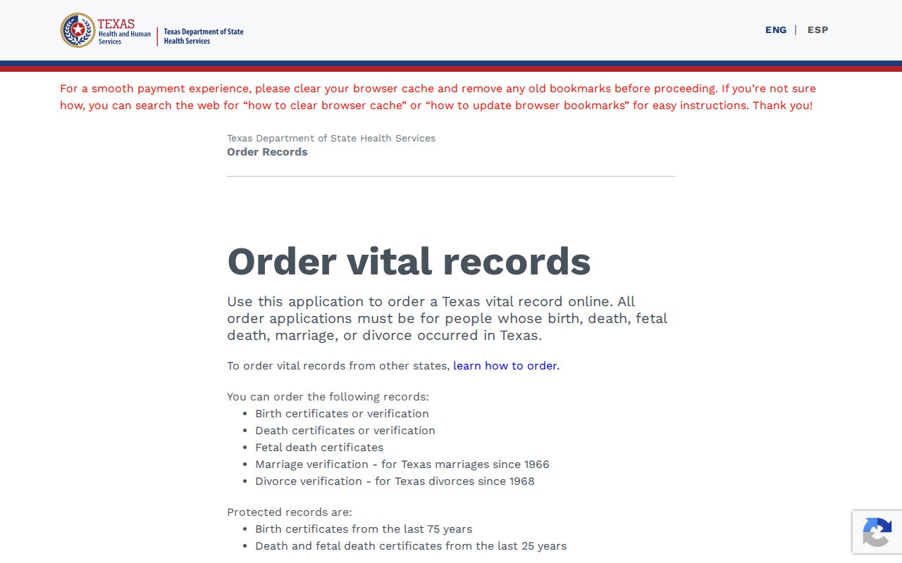 Stephenville resident lookup view of the Texas vital records online order workflow