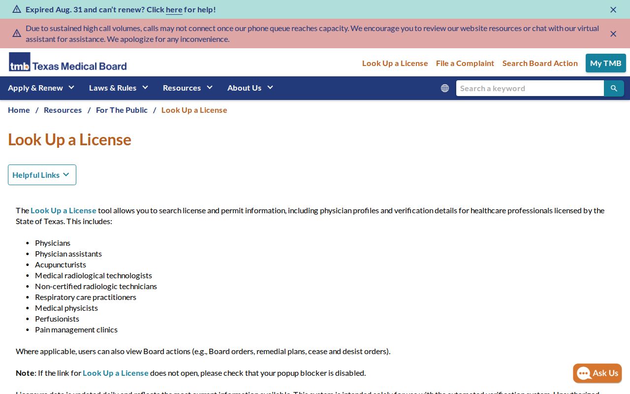 Stephenville resident lookup reference for the Texas Medical Board license lookup