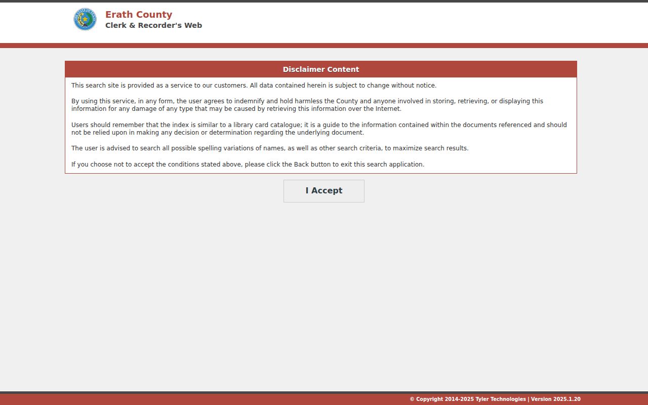 Stephenville street directory Erath County land index disclaimer