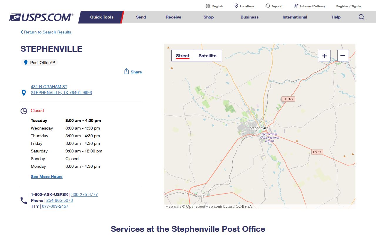 Stephenville ZIP code directory view of the USPS 76401 post office location